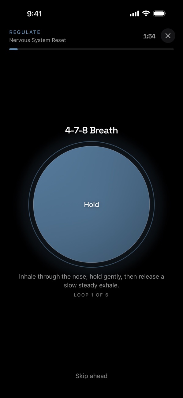 The Regulate phase: a 4-7-8 breathing circle on the Hold step, with the timer at 1:54.